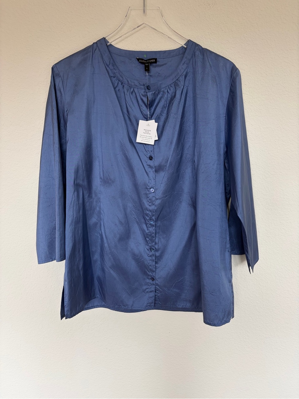 NWT Eileen Fisher Blue Button-Front Washed Silk Taffeta Blouse | L